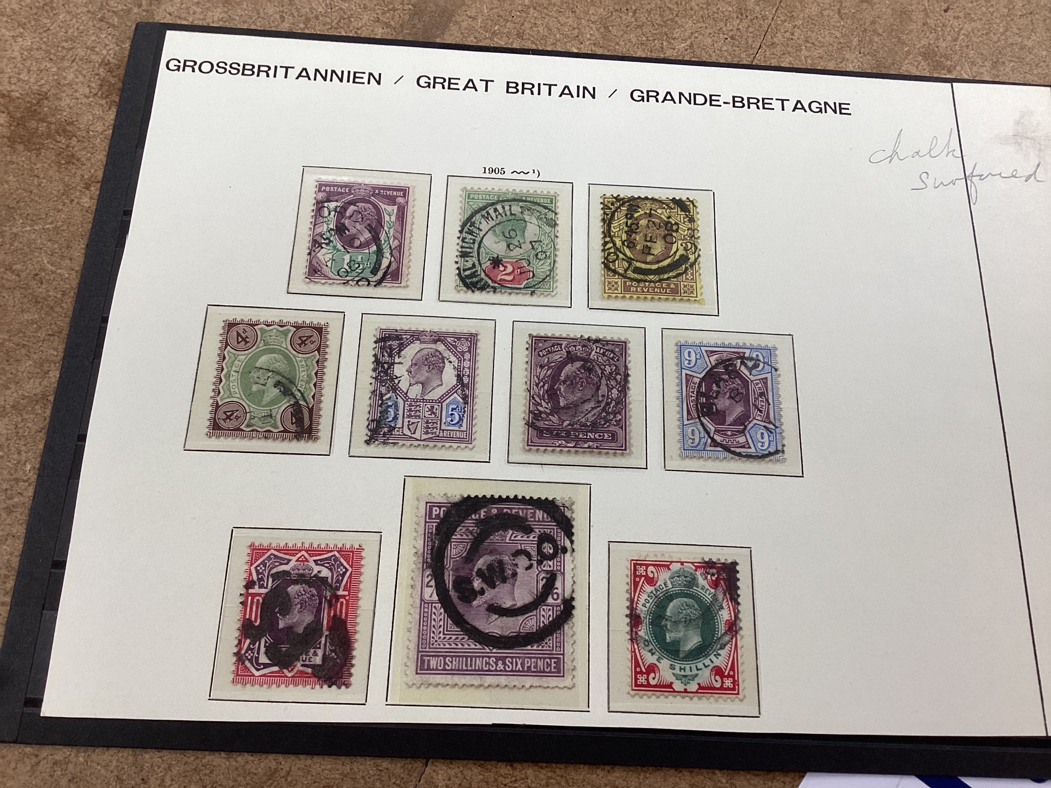 Great Britain Edward VII stamps in auction folders with 9d-10d-one shilling, mint, officials mint and used